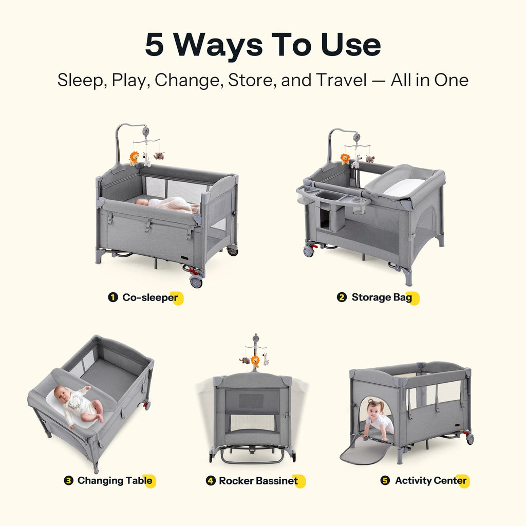5 in 1 Portable Playard and Bassinet Bedside Sleeper for Newborn to Toddler, Unisex, Gray