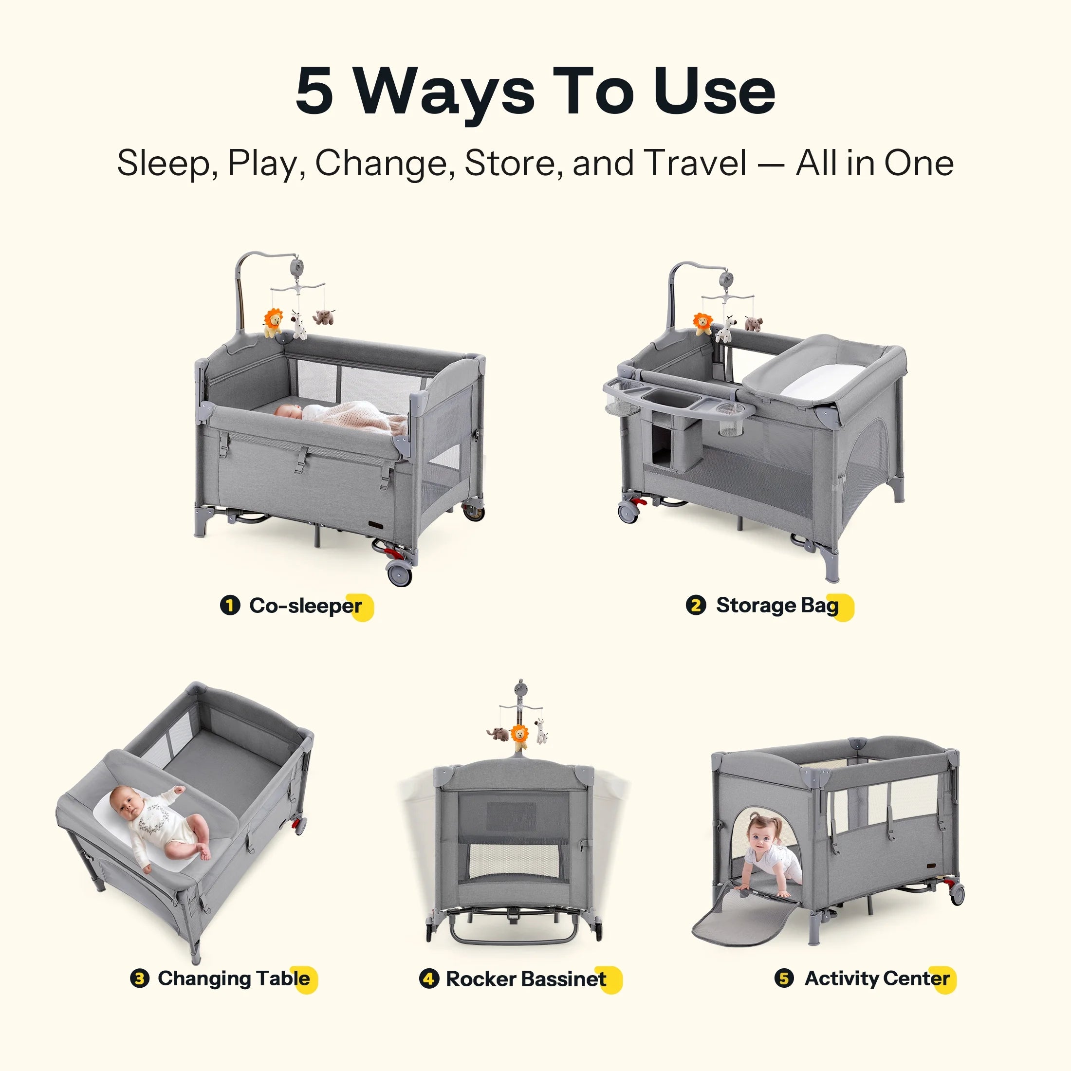 5 in 1 Portable Playard and Bassinet Bedside Sleeper for Newborn to Toddler, Unisex, Gray