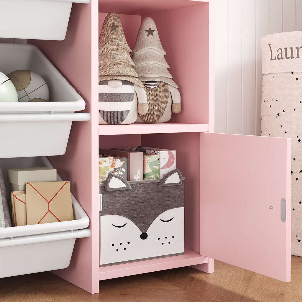 Kids Toy Storage Organizer Bookcase with 8 Bins, Pink Toy Storage Organizer Bookshelf with 2 Door for Children Playroom Organization