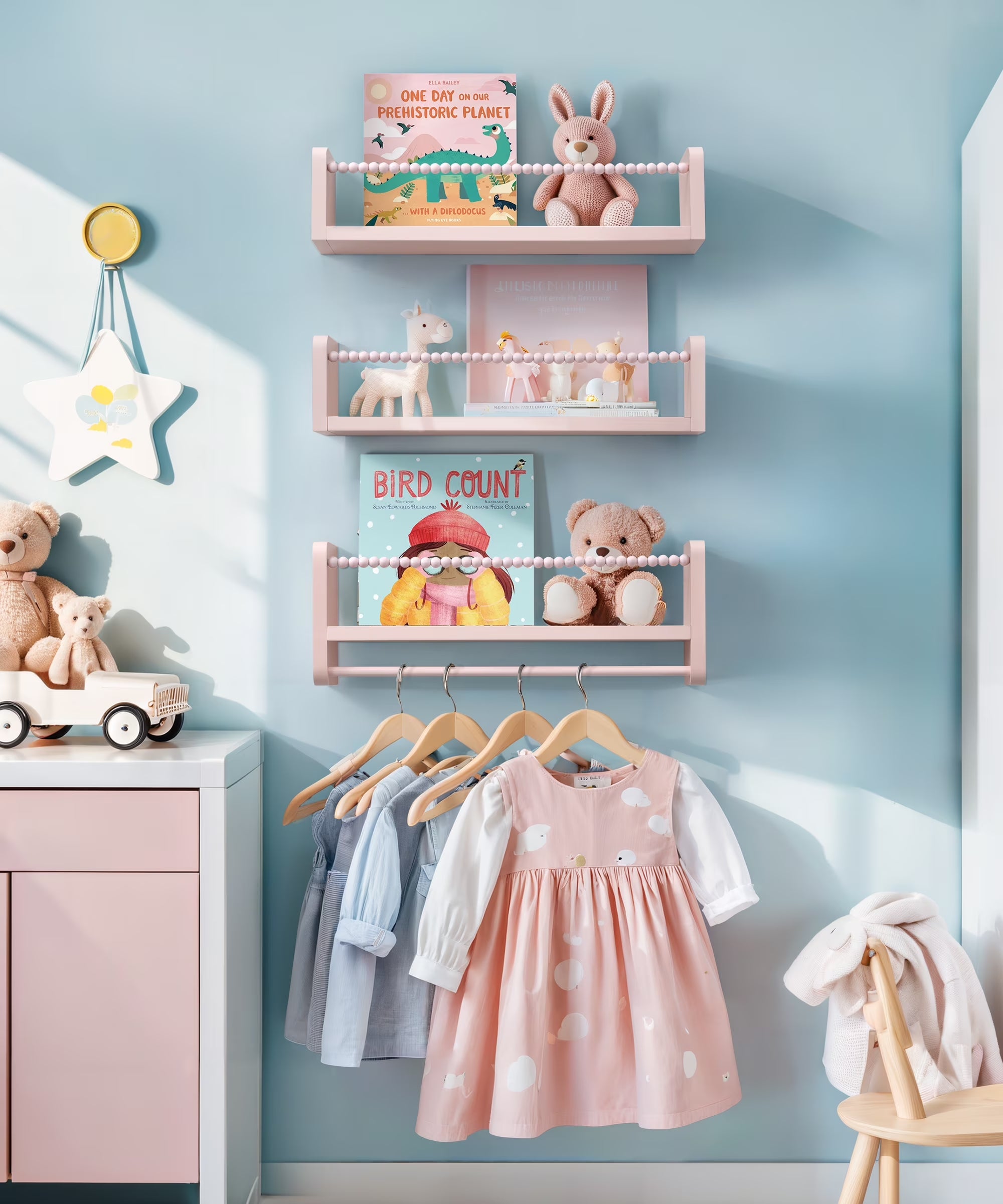 Nursery Floating Shelves for Wall, Kids Bookshelf Toy Storage Organizer Natural Wood Shelves Wall Mounted for Kids Room, Bedroom，Pink Set of 3 16In