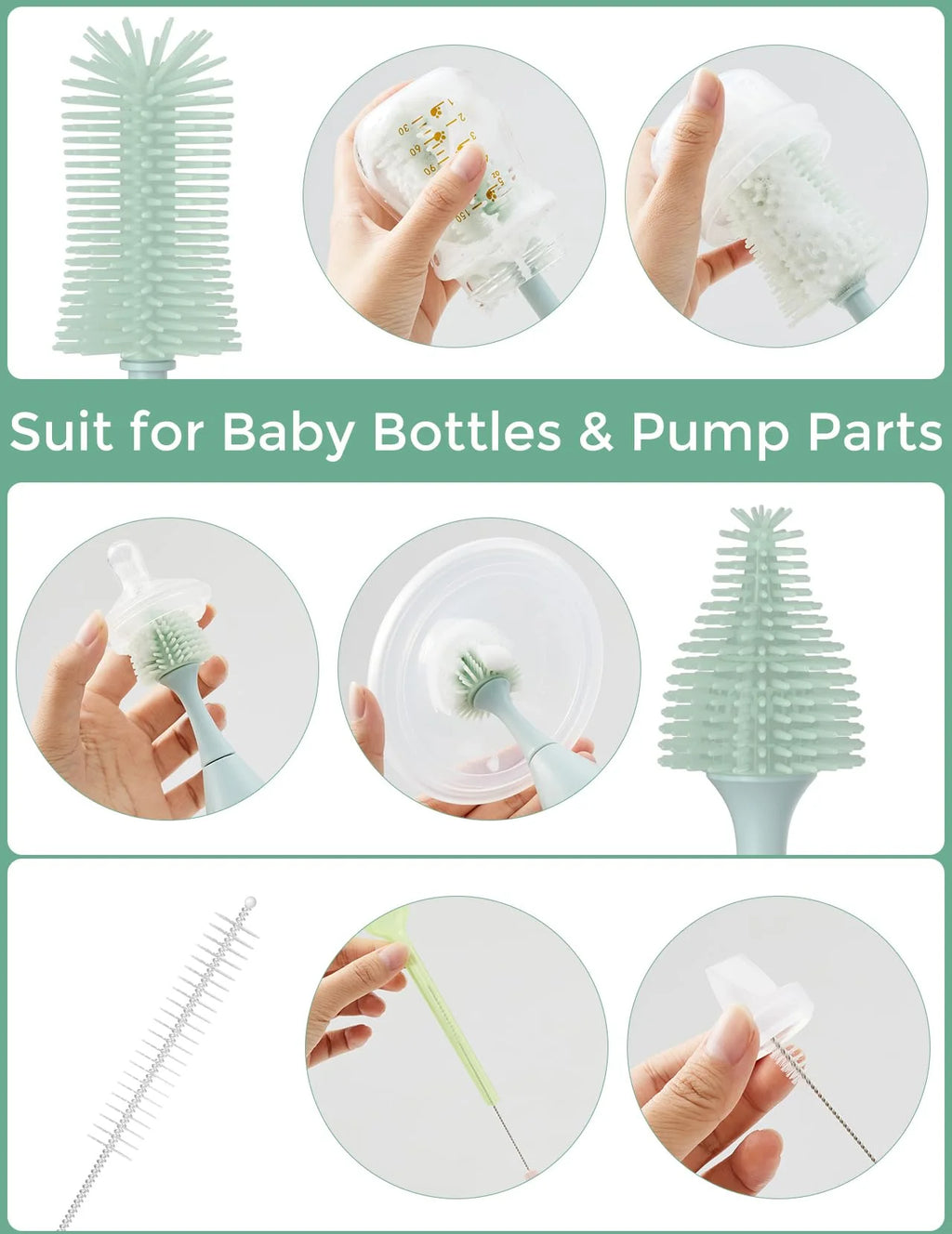 Portable Bottle Brush Set - Baby Bottle Cleaner Kit with Silicone Brush, Nipple Brush, Straw Brush, Soap Dispenser, Drying Rack - 6 in 1 Bottle Cleaning Tool for Home and Travel 1 Set Green
