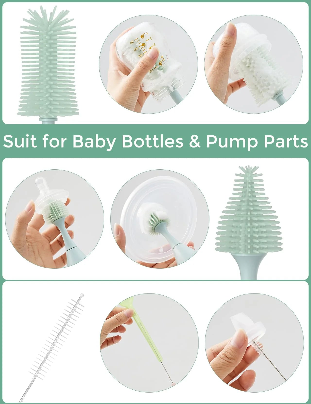 Portable Bottle Brush Set - Baby Bottle Cleaner Kit with Silicone Brush, Nipple Brush, Straw Brush, Soap Dispenser, Drying Rack - 6 in 1 Bottle Cleaning Tool for Home and Travel 1 Set Green