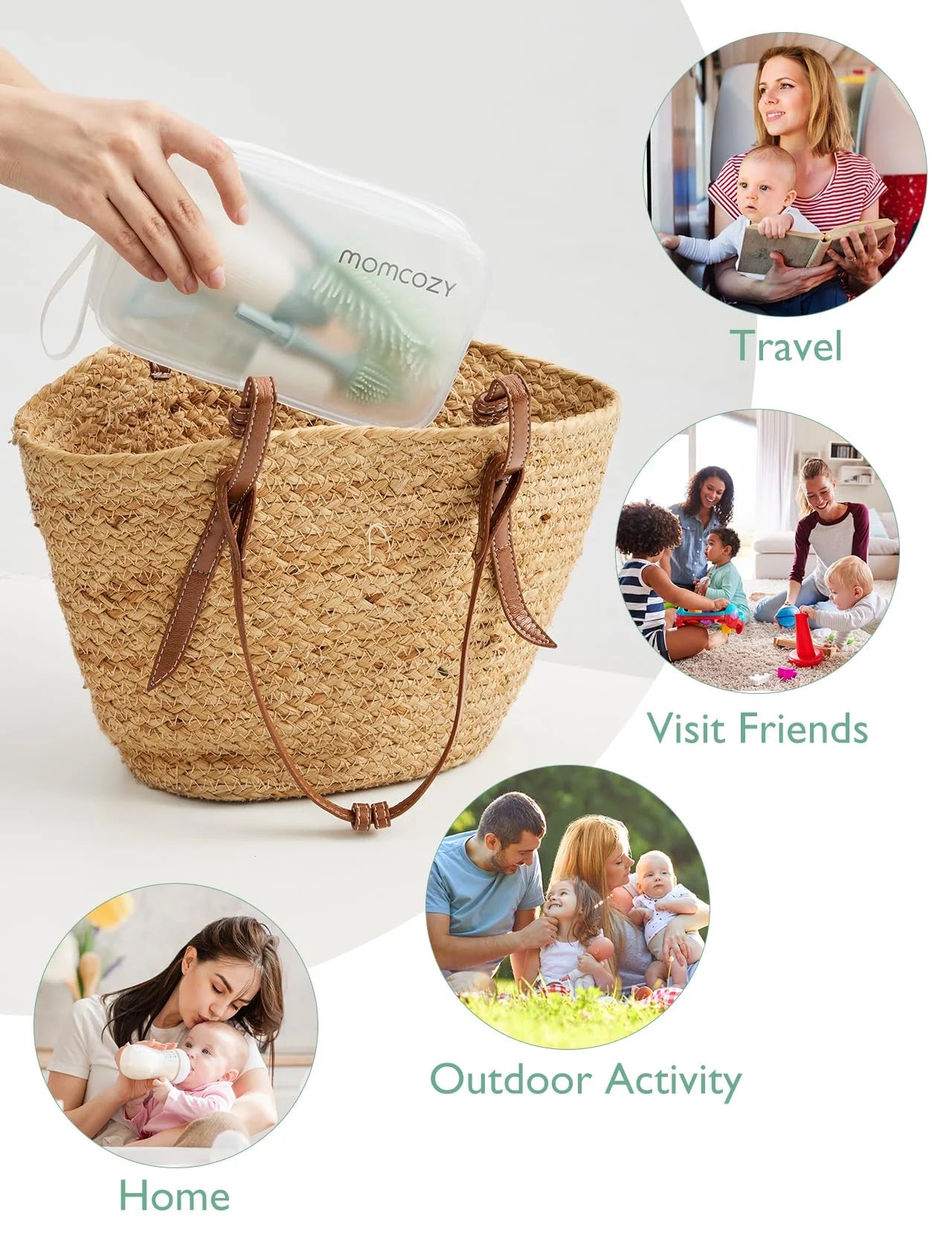 Portable Bottle Brush Set - Baby Bottle Cleaner Kit with Silicone Brush, Nipple Brush, Straw Brush, Soap Dispenser, Drying Rack - 6 in 1 Bottle Cleaning Tool for Home and Travel 1 Set Green