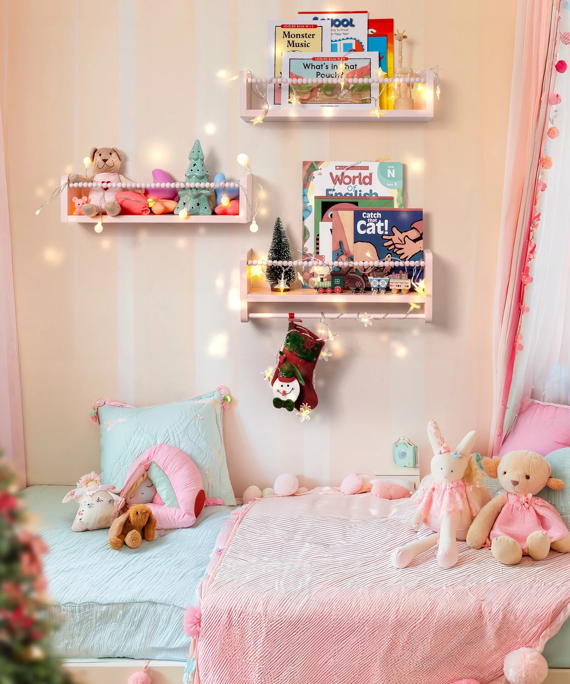 Nursery Floating Shelves for Wall, Kids Bookshelf Toy Storage Organizer Natural Wood Shelves Wall Mounted for Kids Room, Bedroom，Pink Set of 3 16In