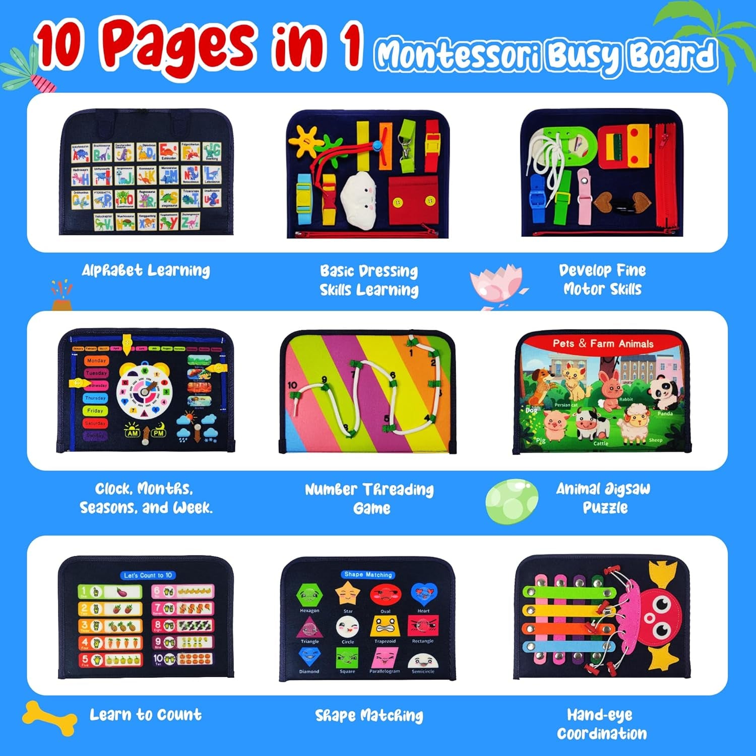 Busy Board for Toddlers 3+ Years Old, Montessori Sensory Toy | 8-Layer Felt, Educational Learning Fine Motor Skills Activity Board, Travel Toys for Car Airplane, Gifts for Boys Girls