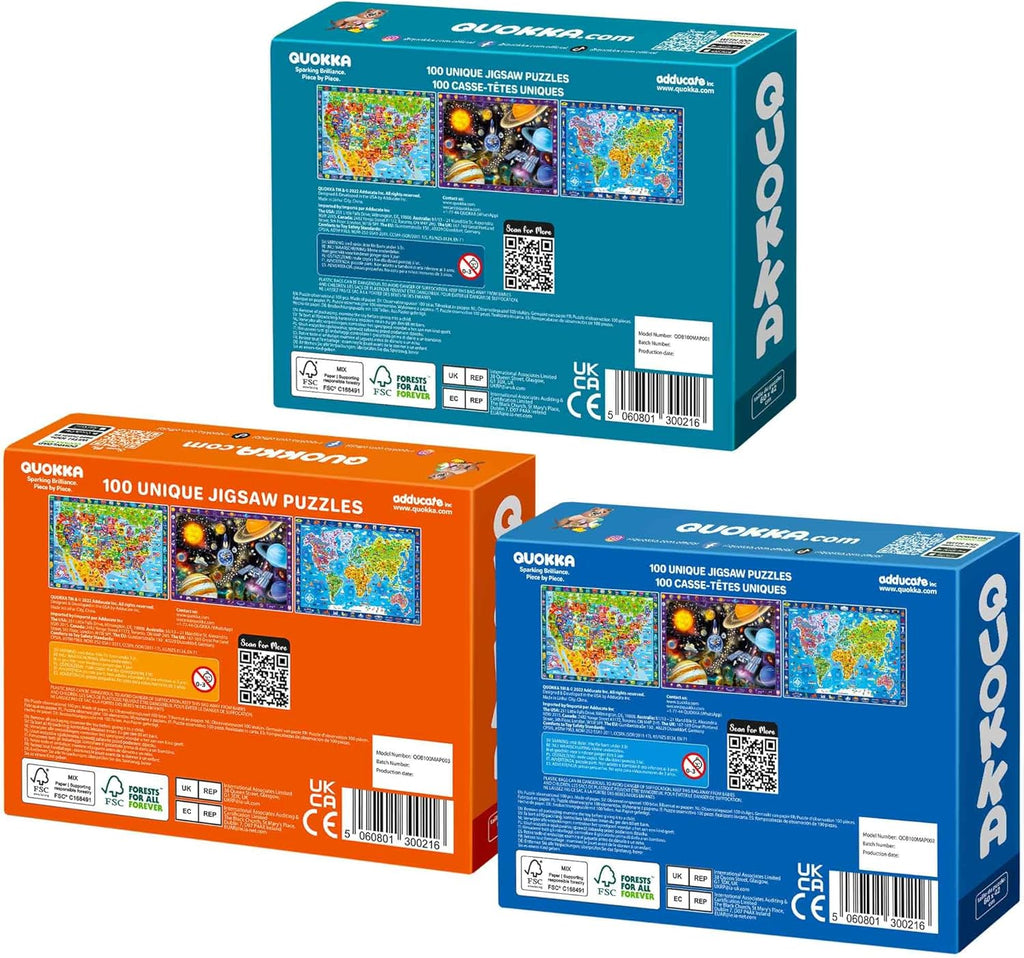 100 Piece Puzzles for Kids Ages 4-6 - 3 Jigsaw Kids Puzzles Ages 6-8 - Learning Map of the United States World Space - Toddler Educational Games for 5-8 Year - Toys for 8-10-12 Year Old