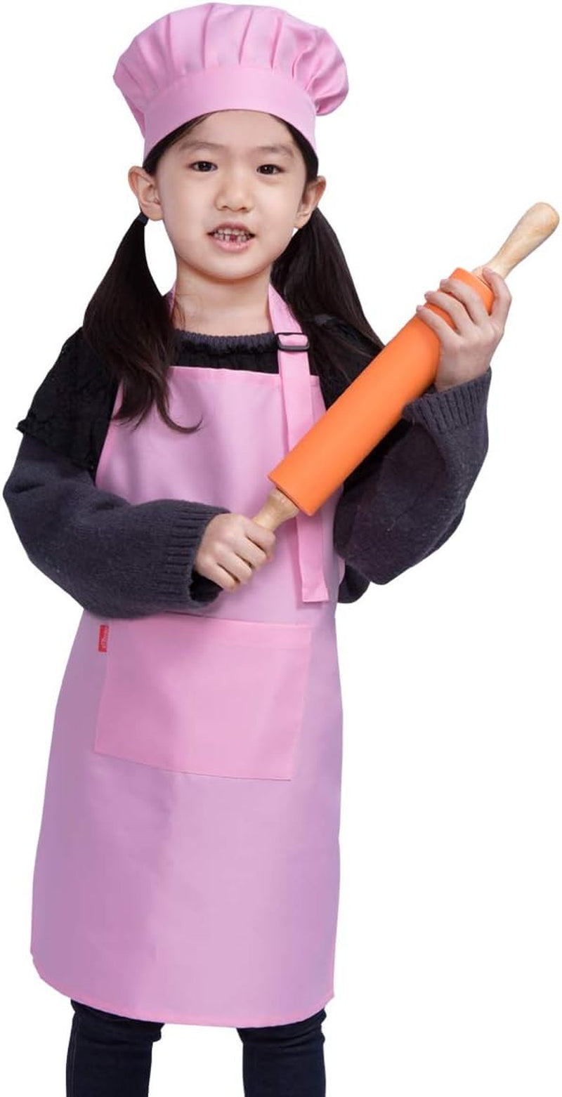 Kids Apron and Chef Hat Set, Children'S Adjustable Bib Apron with 2 Pockets. Cute Boys Girls Kitchen Apron for Cooking, Baking, Painting, Training Wear (2-5 Year, Pink)