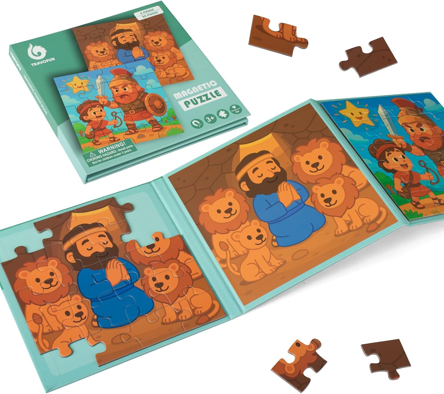 TRAVOFUN Magnetic Puzzles for Kids Ages 3-5 - David and Goliath & Daniel in the Lions' Den - 2 Pack Courage Theme Bible Puzzles - Christian Toys for Boys - Travel Road Trip Essentials