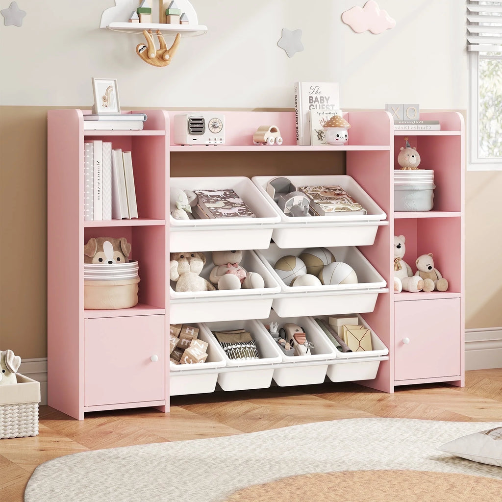 Kids Toy Storage Organizer Bookcase with 8 Bins, Pink Toy Storage Organizer Bookshelf with 2 Door for Children Playroom Organization