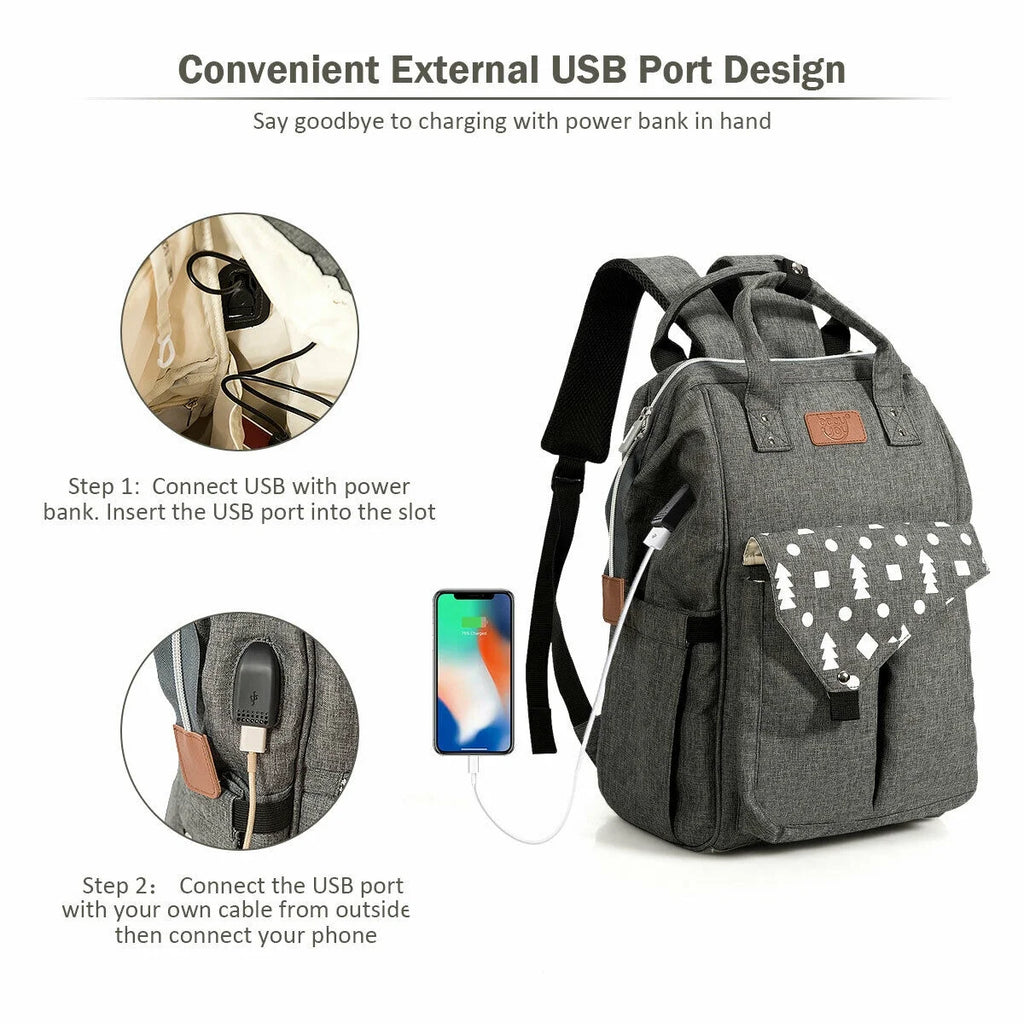 Diaper Bag Waterproof Baby Nappy Backpack W/Usb Charging Port