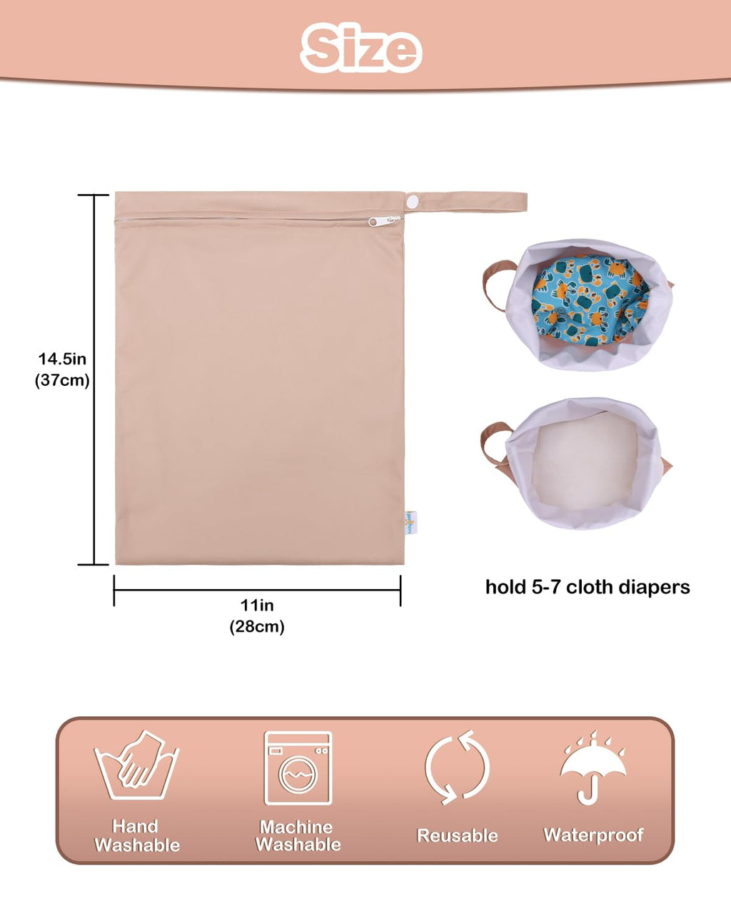 Wet Bag for Swimsuits, Waterproof Bag for Travel, Food Storage, Stroller, Daycare, Baby Diapers, Yoga, Beach, Pool, Wet Clothes-Light Pink