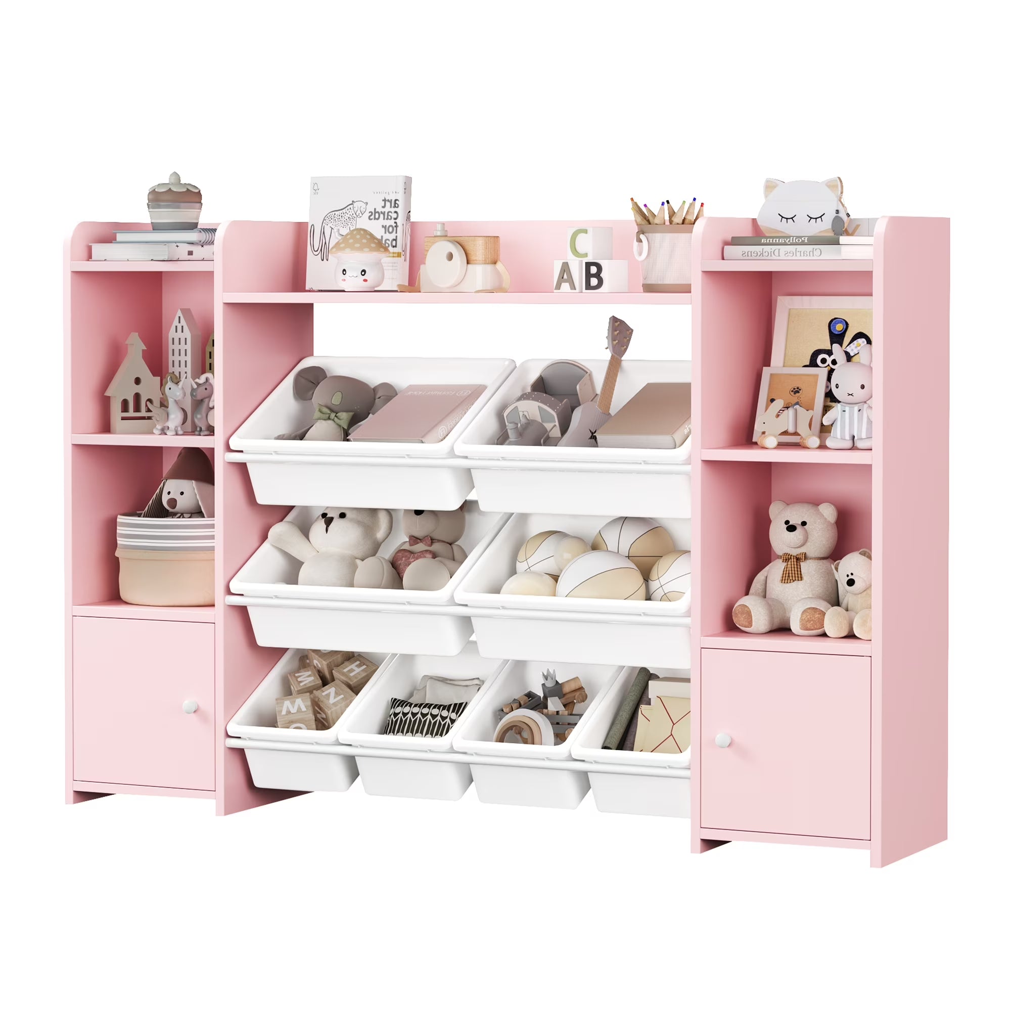 Kids Toy Storage Organizer Bookcase with 8 Bins, Pink Toy Storage Organizer Bookshelf with 2 Door for Children Playroom Organization