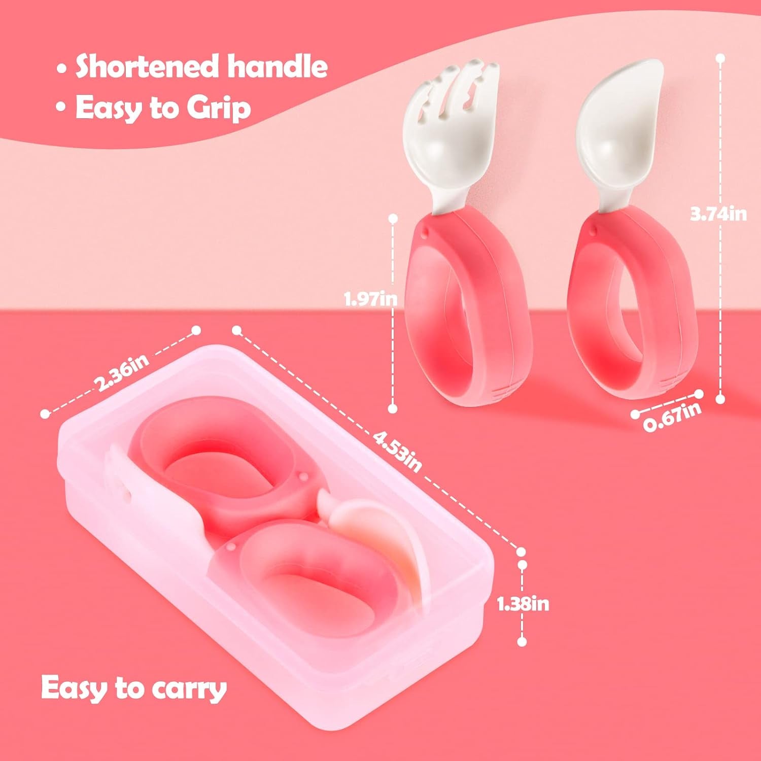 Training Spoon & Fork with Travel Case Pink | Toddler Self Feeding Utensil Set, Bpa-Free Cute Circle Silicone ABS Spoons Set for Baby Led Weaning