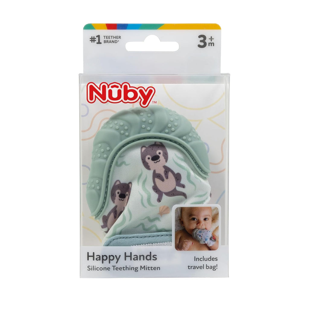 Happy Hands Silicone Teething Mitten for Babies - Soft Silicone Massaging Teether - Soothes Sore Gums - Easy-To-Wear and Machine Washable - 3+ Months - Otter