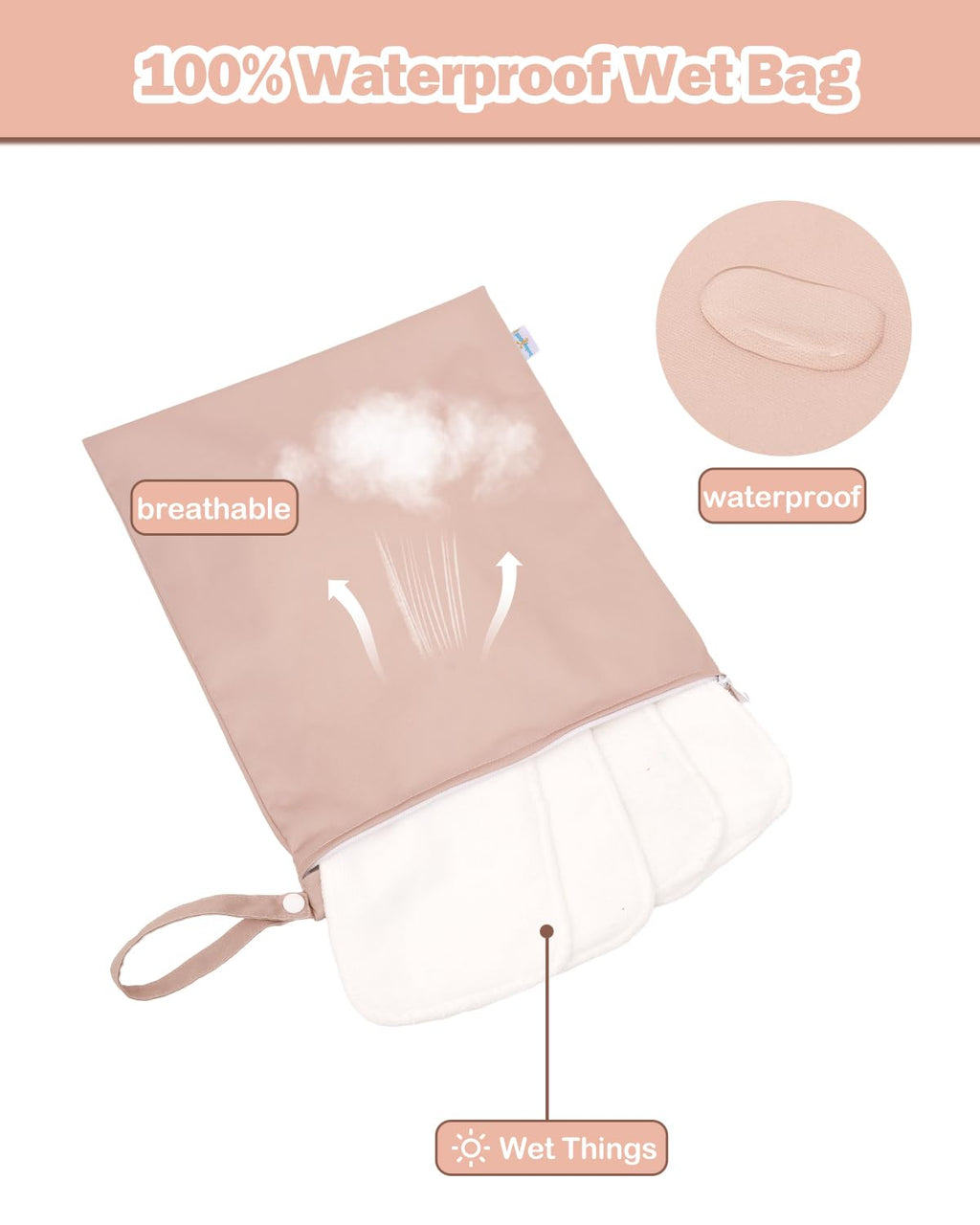 Wet Bag for Swimsuits, Waterproof Bag for Travel, Food Storage, Stroller, Daycare, Baby Diapers, Yoga, Beach, Pool, Wet Clothes-Light Pink