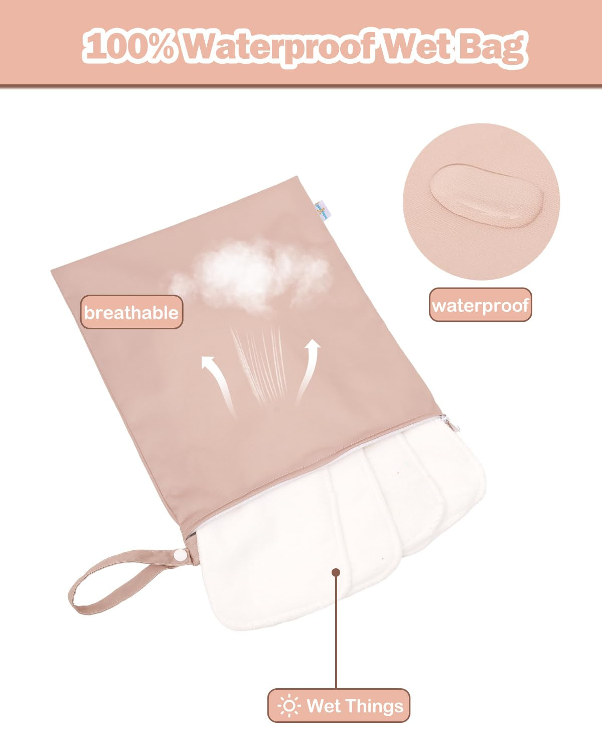Wet Bag for Swimsuits, Waterproof Bag for Travel, Food Storage, Stroller, Daycare, Baby Diapers, Yoga, Beach, Pool, Wet Clothes-Light Pink