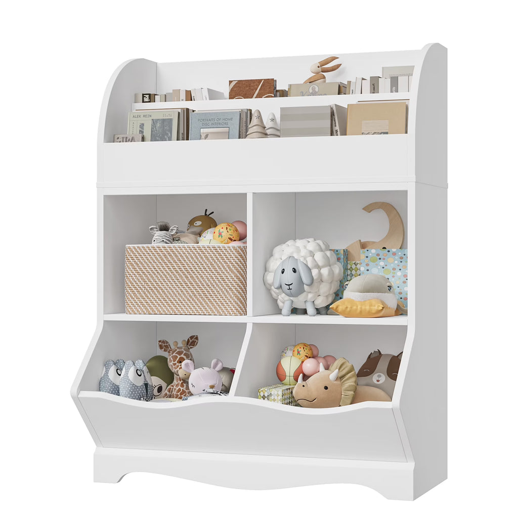 Kids Toy Storage Organizer, White Bookcase with Toy Box, Toy Chest Storage Cubbies with Bins for Nursery Playroom Bedroom