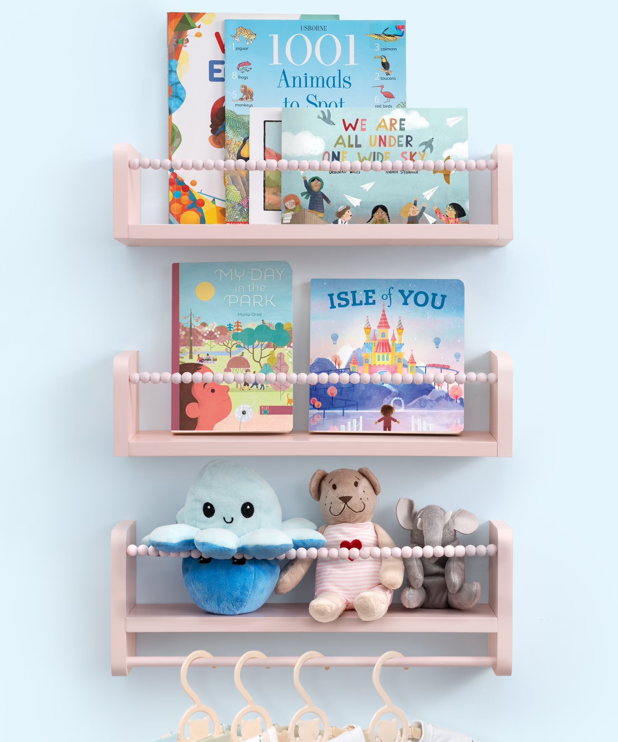 Nursery Floating Shelves for Wall, Kids Bookshelf Toy Storage Organizer Natural Wood Shelves Wall Mounted for Kids Room, Bedroom，Pink Set of 3 16In