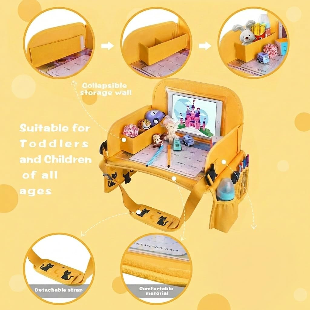 Kids Travel Tray for Toddler Car Seat, Toddler Gift for Boy | Road Trip Essentials Accessories Lap Tray, 16.5 X 13 Inch, Ipad Holder Stand, Storage Pockets, Snack Compartment, Yellow
