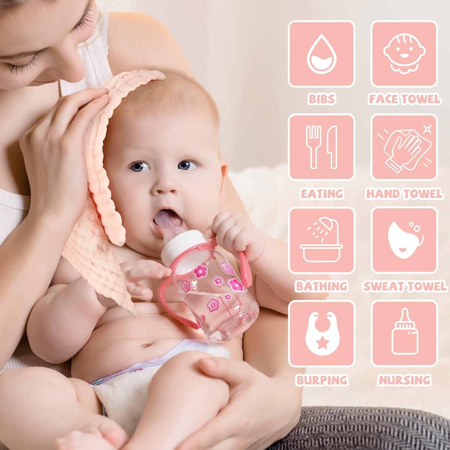 Baby Washcloths and Burp Cloths, Soft Absorbent Towels for Newborns, 6 Pack, 12X12 Inches (Pink)