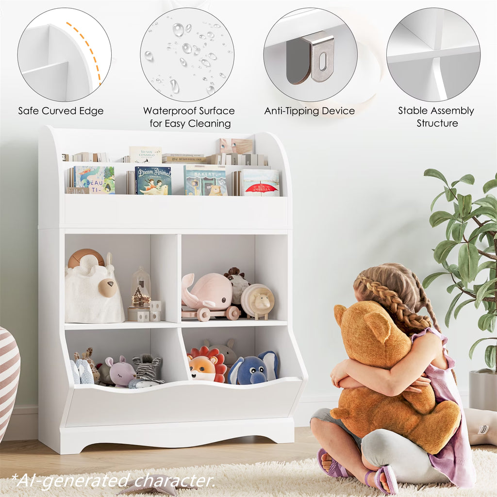 Kids Toy Storage Organizer, White Bookcase with Toy Box, Toy Chest Storage Cubbies with Bins for Nursery Playroom Bedroom