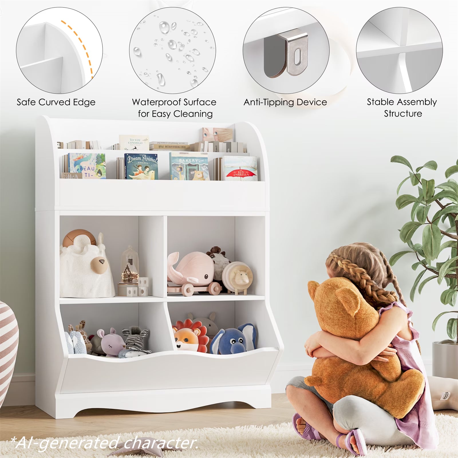 Kids Toy Storage Organizer, White Bookcase with Toy Box, Toy Chest Storage Cubbies with Bins for Nursery Playroom Bedroom