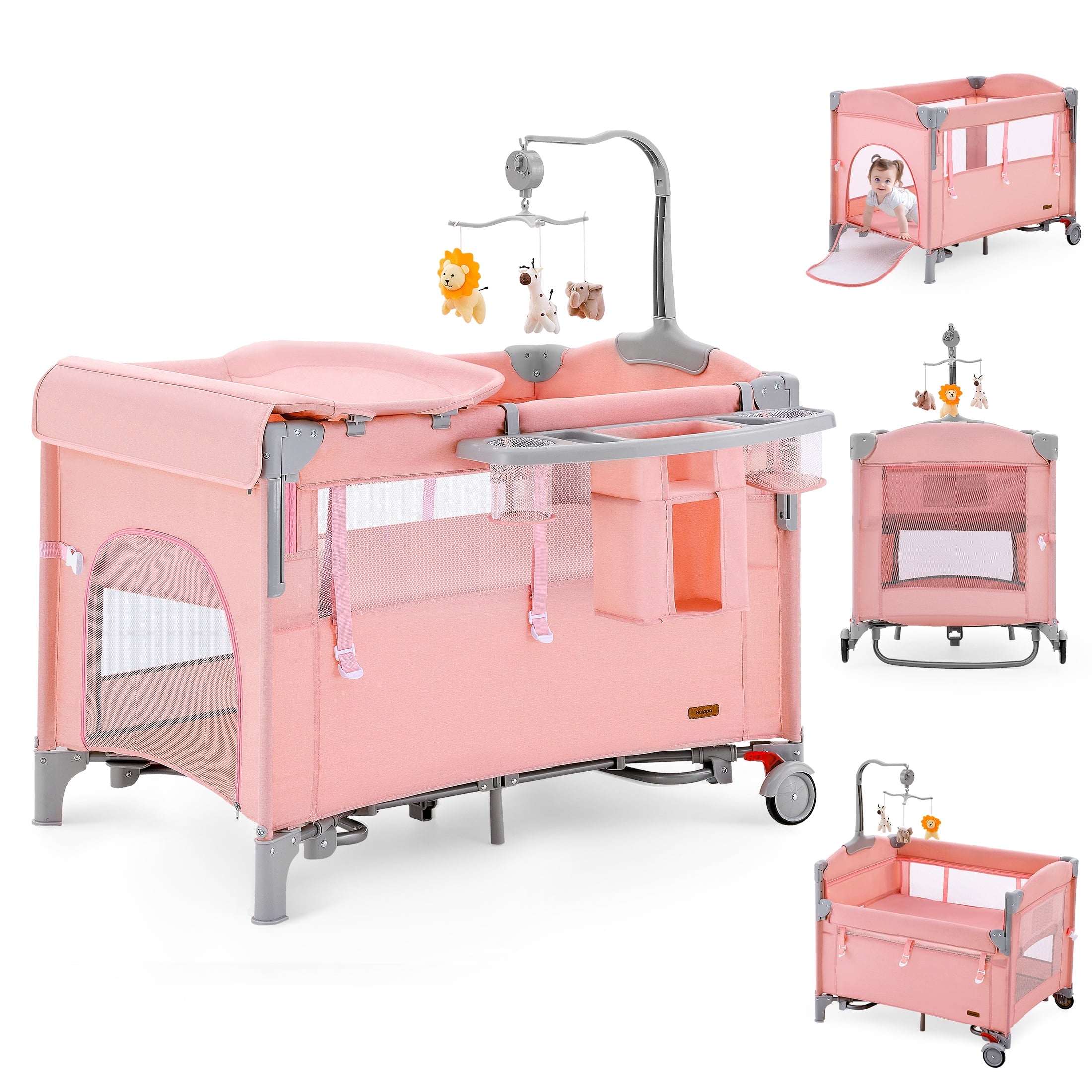5 in 1 Baby Playard with Bassinet & Changing Table for Newborn, Pink