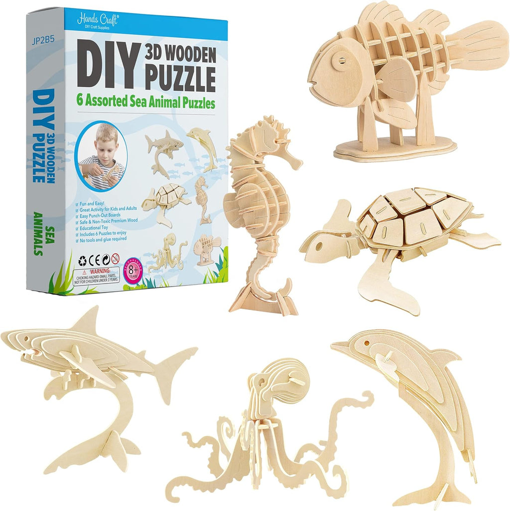 DIY 3D Wooden Puzzle – 6 Assorted Sea Animals Bundle Pack Set Brain Teaser Puzzles Educational STEM Toy Adults and Kids to Build Safe and Non-Toxic Easy Punch Out Premium Wood JP2B5