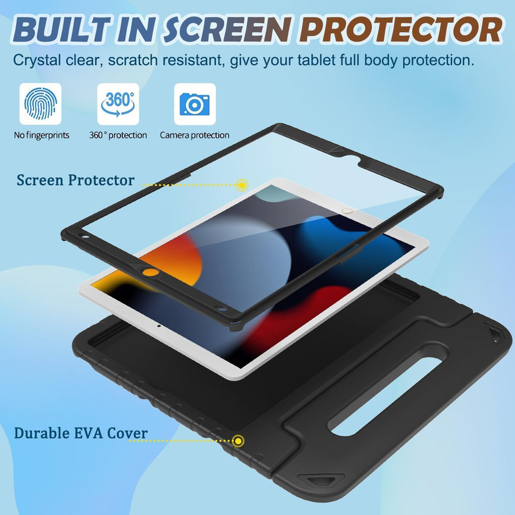 Kids Case for Ipad 9Th 8Th 7Th Generation (10.2 Inch, 2021/2020/2019) - with Screen Protector, Shockproof Light Weight Handle Stand Ipad 10.2 Case for Kids, Black