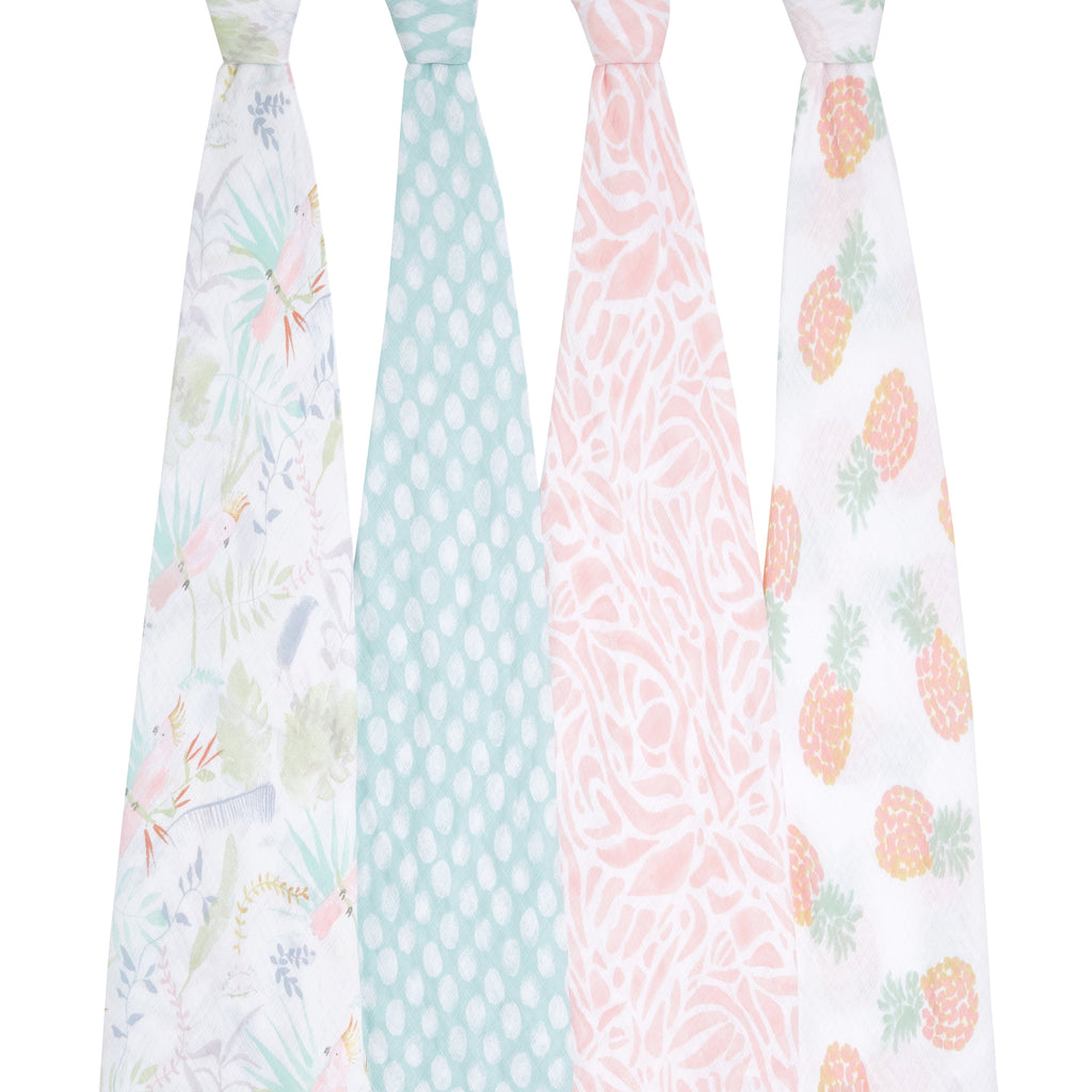 Essentials, Cotton Muslin Swaddle Blanket, Tropicalia, Girls, Infants, 4-Pack