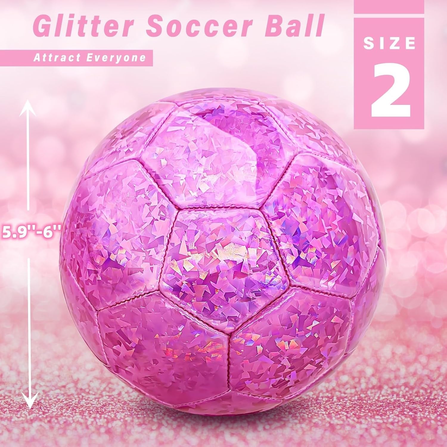 Size 2 Soccer Ball Glitter Pink, Soccer Balls for Toddlers Little Kids Outdoors Recreation Sparkly Small Ball for Girls Birthday