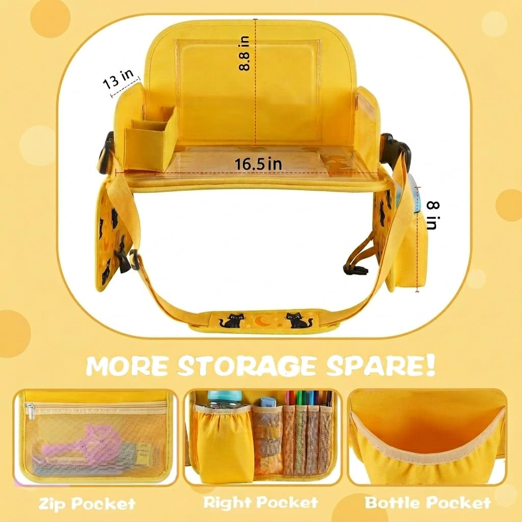 Kids Travel Tray for Toddler Car Seat, Toddler Gift for Boy | Road Trip Essentials Accessories Lap Tray, 16.5 X 13 Inch, Ipad Holder Stand, Storage Pockets, Snack Compartment, Yellow