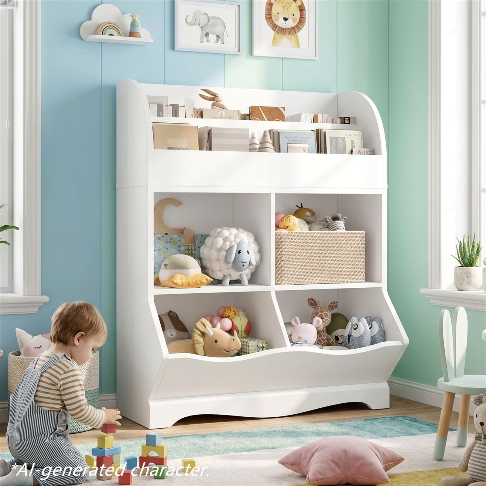 Kids Toy Storage Organizer, White Bookcase with Toy Box, Toy Chest Storage Cubbies with Bins for Nursery Playroom Bedroom
