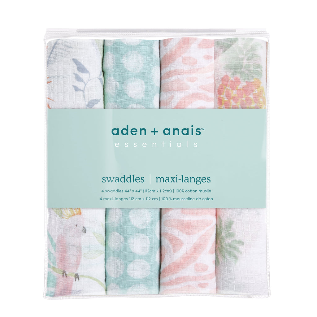 Essentials, Cotton Muslin Swaddle Blanket, Tropicalia, Girls, Infants, 4-Pack