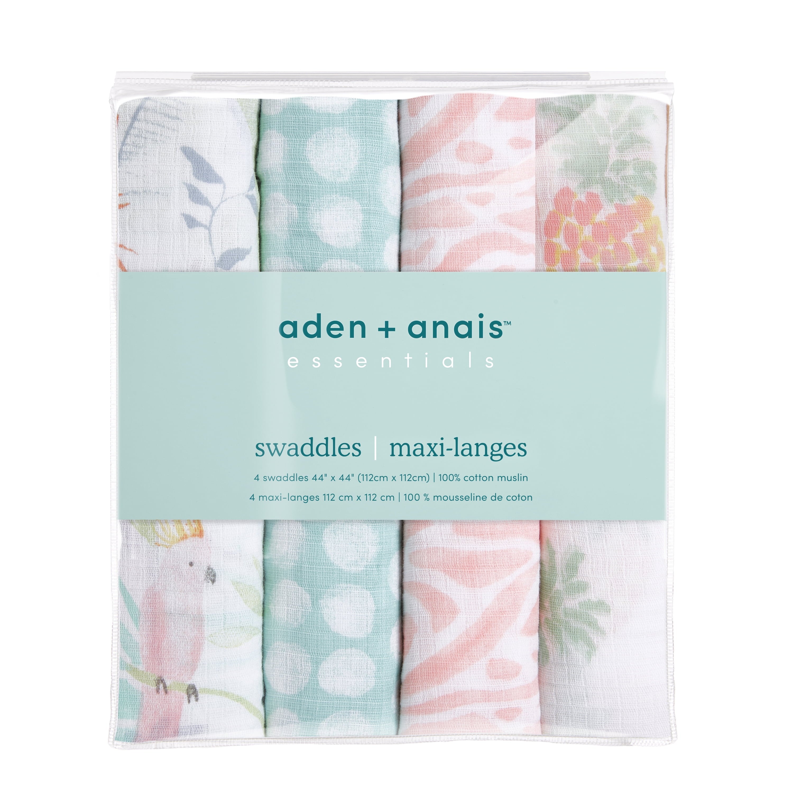 Essentials, Cotton Muslin Swaddle Blanket, Tropicalia, Girls, Infants, 4-Pack