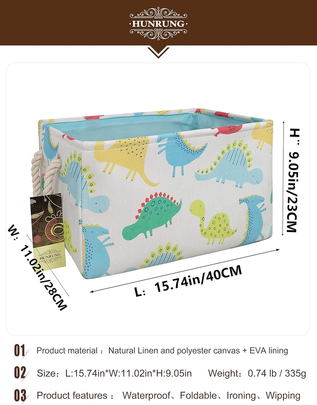 Rectangle Storage Basket Cute Canvas Organizer Bin for Pe, Dinosaur XL | Handles for Easy Toting.Collapsible Design for Compact, Convenient Storage.Spacious Capacity,15.74’’L ×11.02’’W×9.05’’H