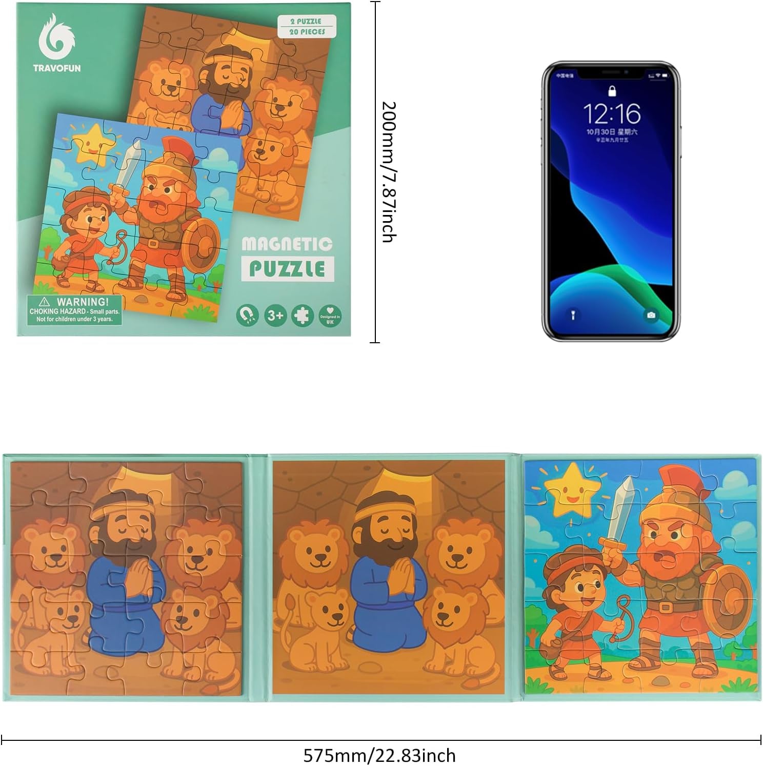 TRAVOFUN Magnetic Puzzles for Kids Ages 3-5 - David and Goliath & Daniel in the Lions' Den - 2 Pack Courage Theme Bible Puzzles - Christian Toys for Boys - Travel Road Trip Essentials