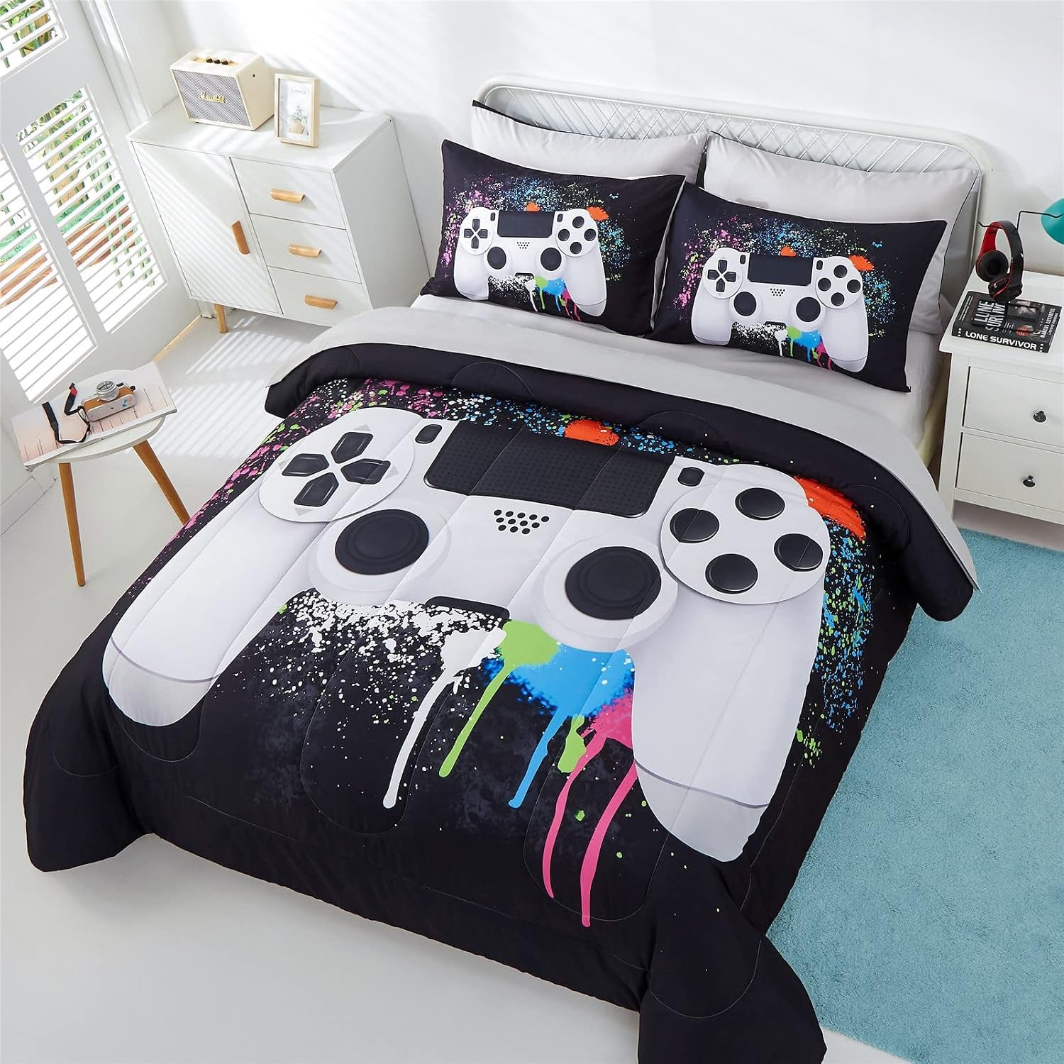 5 Piece Boys Queen Gamer Comforter Set with Sheets, 3D Colorful Video Game Controller Comforter for Kids Teen, All Season Soft Microfiber Gaming Bedding Set(White,Queen)