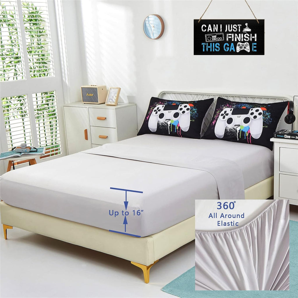 5 Piece Boys Queen Gamer Comforter Set with Sheets, 3D Colorful Video Game Controller Comforter for Kids Teen, All Season Soft Microfiber Gaming Bedding Set(White,Queen)
