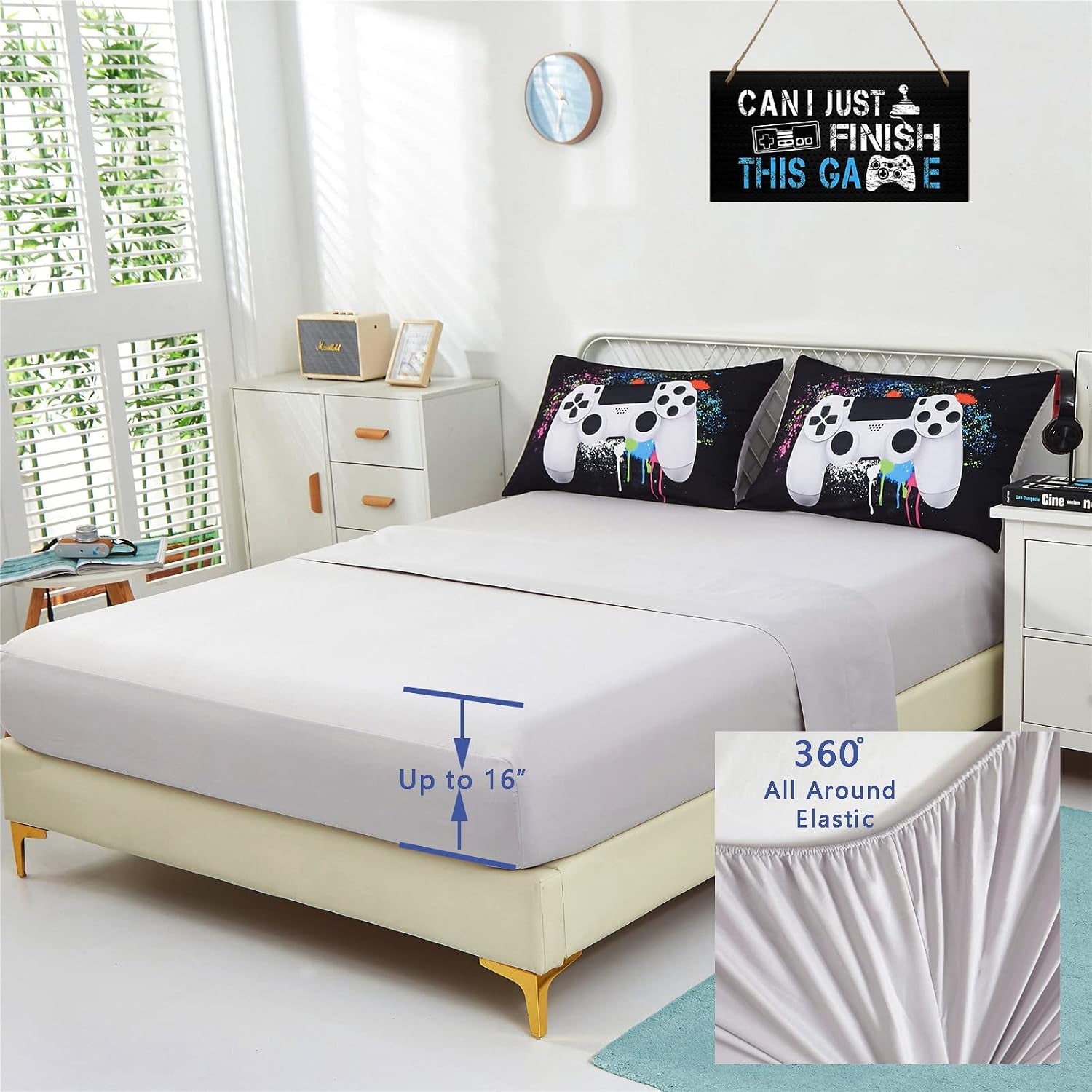 5 Piece Boys Queen Gamer Comforter Set with Sheets, 3D Colorful Video Game Controller Comforter for Kids Teen, All Season Soft Microfiber Gaming Bedding Set(White,Queen)