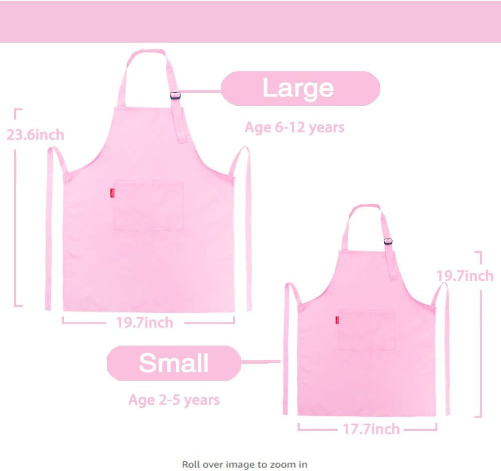 Kids Apron and Chef Hat Set, Children'S Adjustable Bib Apron with 2 Pockets. Cute Boys Girls Kitchen Apron for Cooking, Baking, Painting, Training Wear (2-5 Year, Pink)