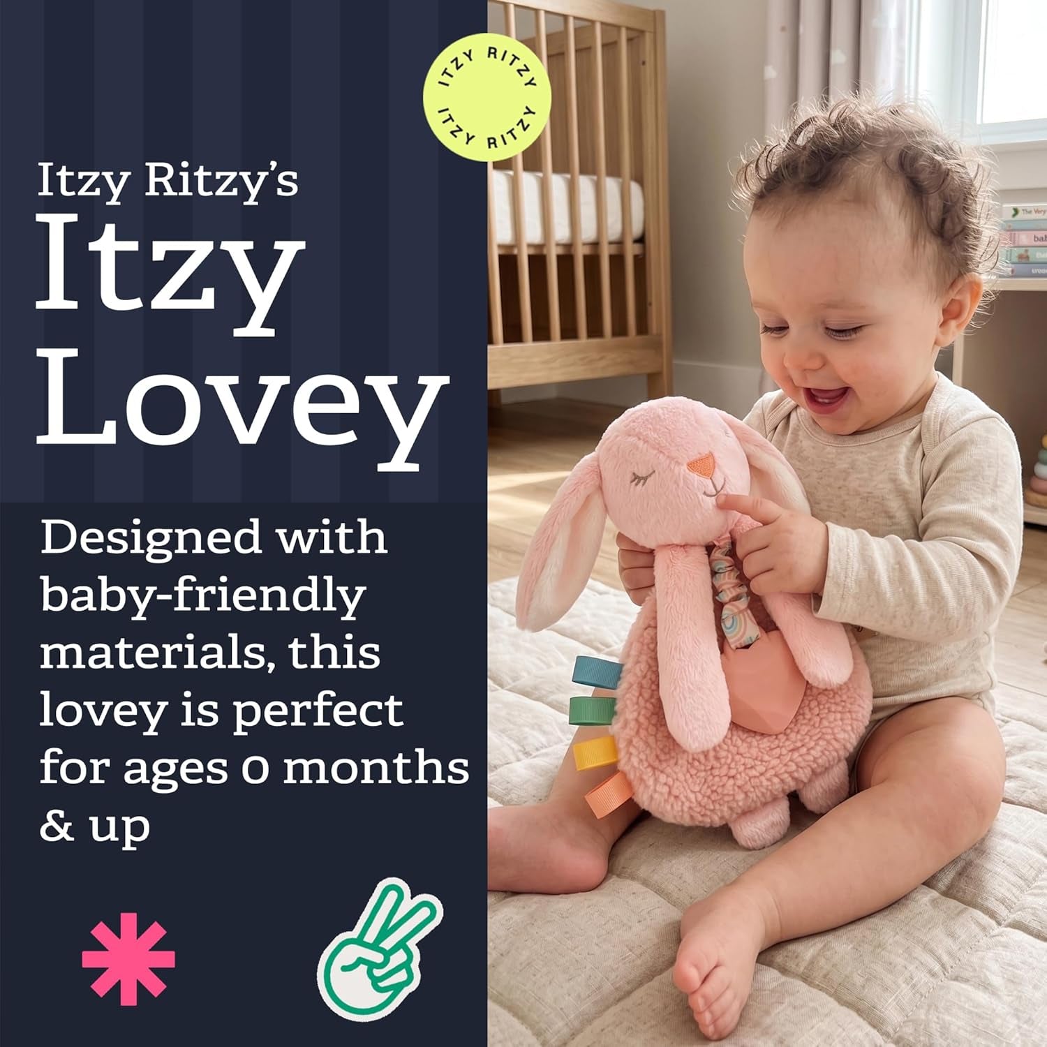 Itzy Ritzy - Itzy Lovey Including Teether - Baby Lovey with Teether, Textured Ribbons & Dangle Arms - Features Crinkle Sound, Sherpa Fabric and Minky Plush (Pink Bunny)