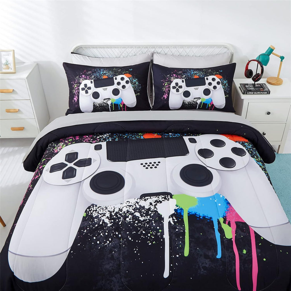 5 Piece Boys Queen Gamer Comforter Set with Sheets, 3D Colorful Video Game Controller Comforter for Kids Teen, All Season Soft Microfiber Gaming Bedding Set(White,Queen)