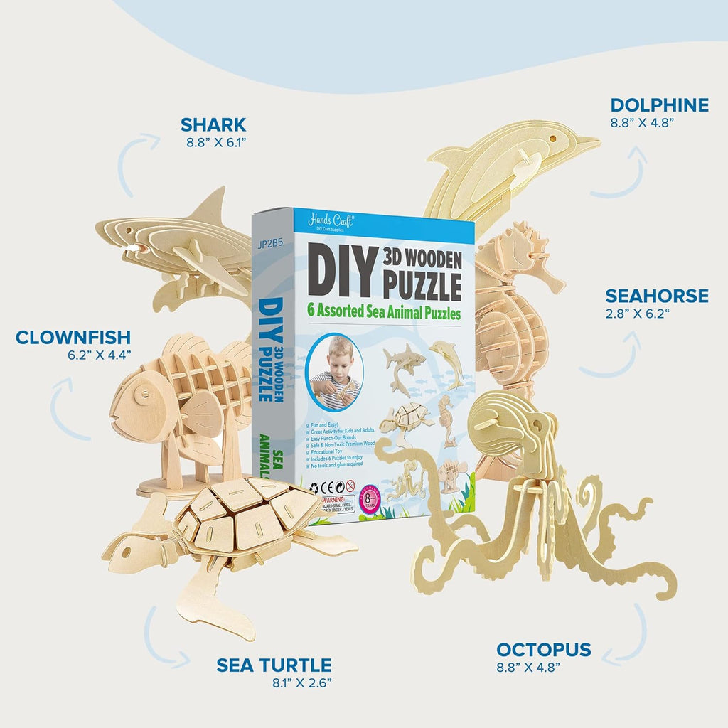 DIY 3D Wooden Puzzle – 6 Assorted Sea Animals Bundle Pack Set Brain Teaser Puzzles Educational STEM Toy Adults and Kids to Build Safe and Non-Toxic Easy Punch Out Premium Wood JP2B5