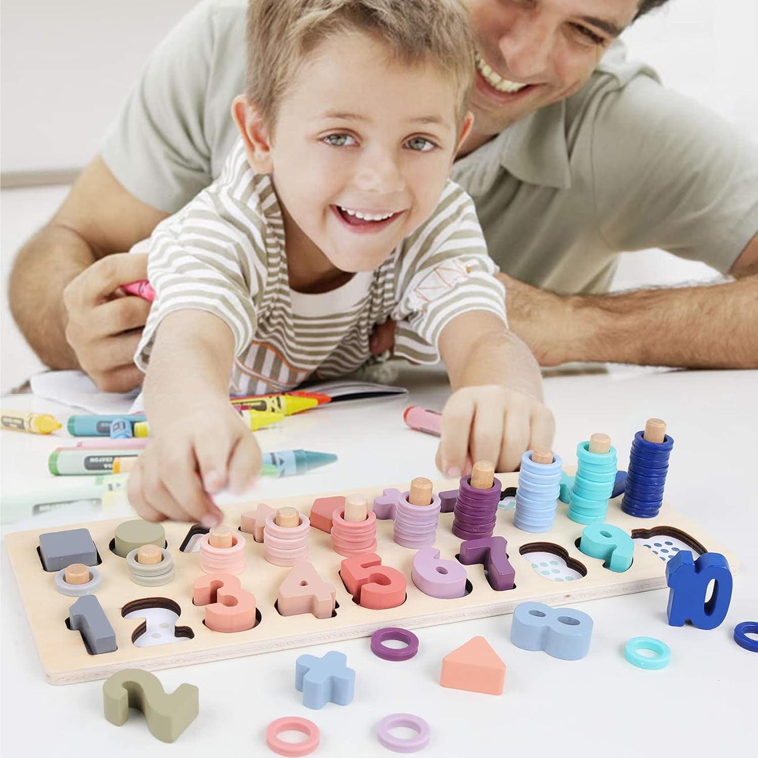 Counting Shape Stacker Wooden Count Sort Stacking Tower with Wood Colorful Number Shape Math Blocks for Kids Preschool Educational Toddlers Toy