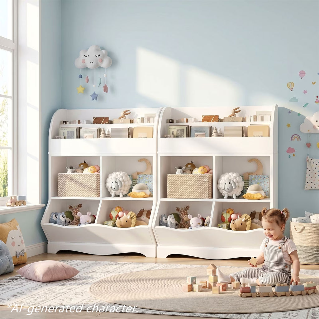 Kids Toy Storage Organizer, White Bookcase with Toy Box, Toy Chest Storage Cubbies with Bins for Nursery Playroom Bedroom