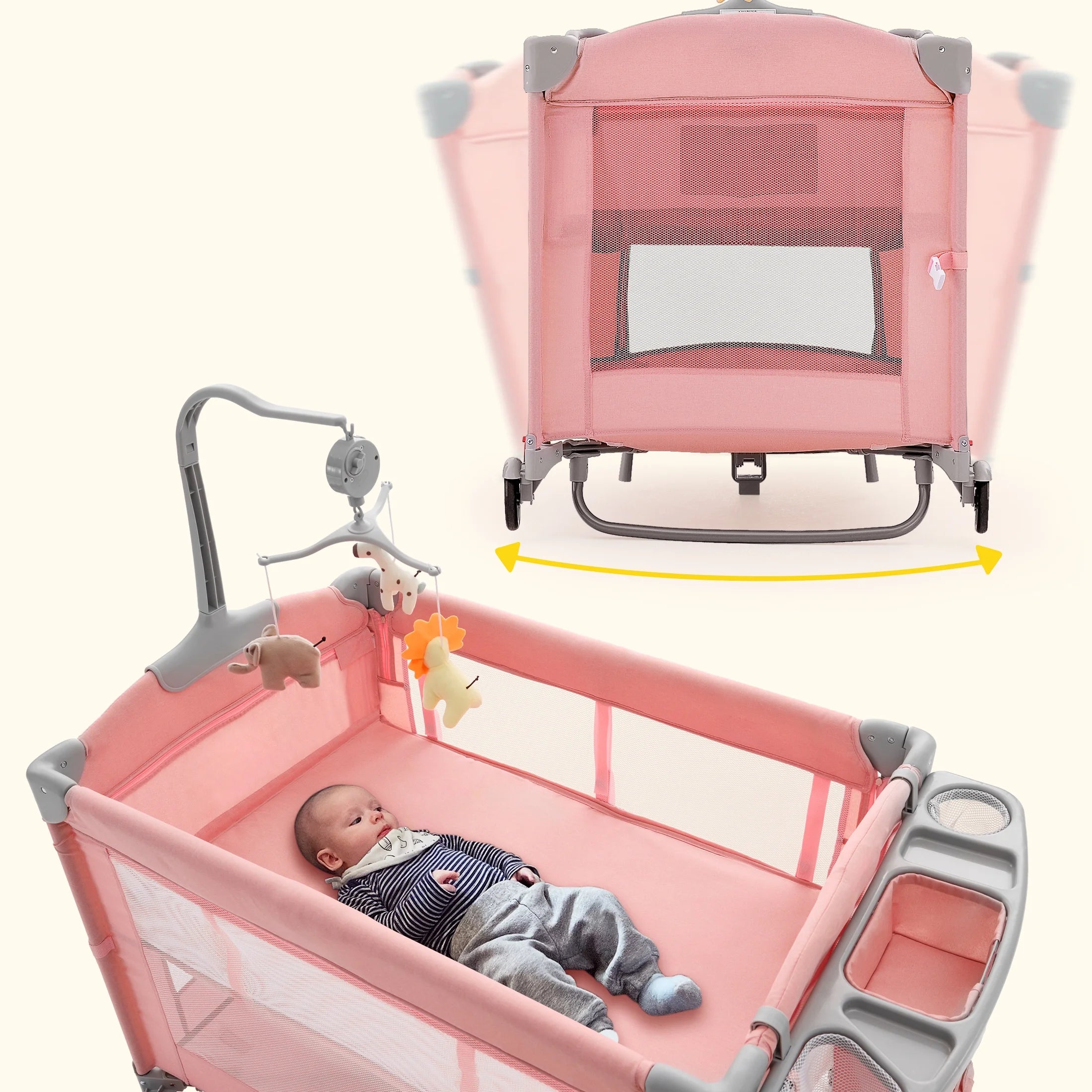 5 in 1 Baby Playard with Bassinet & Changing Table for Newborn, Pink