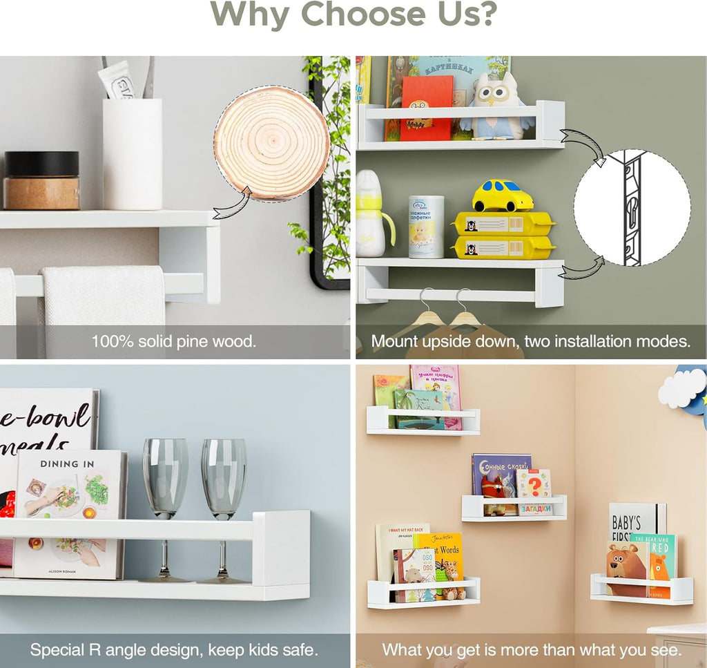 Floating Nursery Book Shelves for Wall Set of 4, Wall Bookshelf for Kids Room, White Wood Hanging Bookshelves Book Shelf for Baby Toddler Childrens Boy Girl Bedoom Toy and Decor Storage