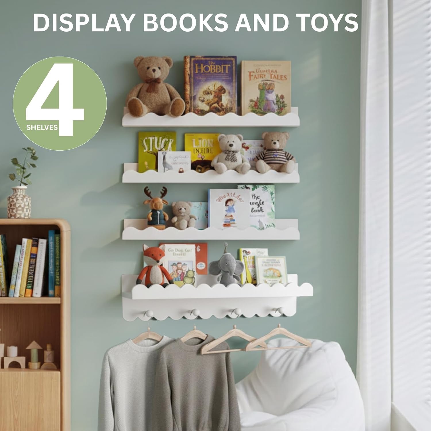 Nursery Book Shelves, Set of 4 White Floating Shelves for Wall Kids, 16.5” Scalloped Shelves, Wall-Mounted Book Shelf Decor for Kids, Wave Style
