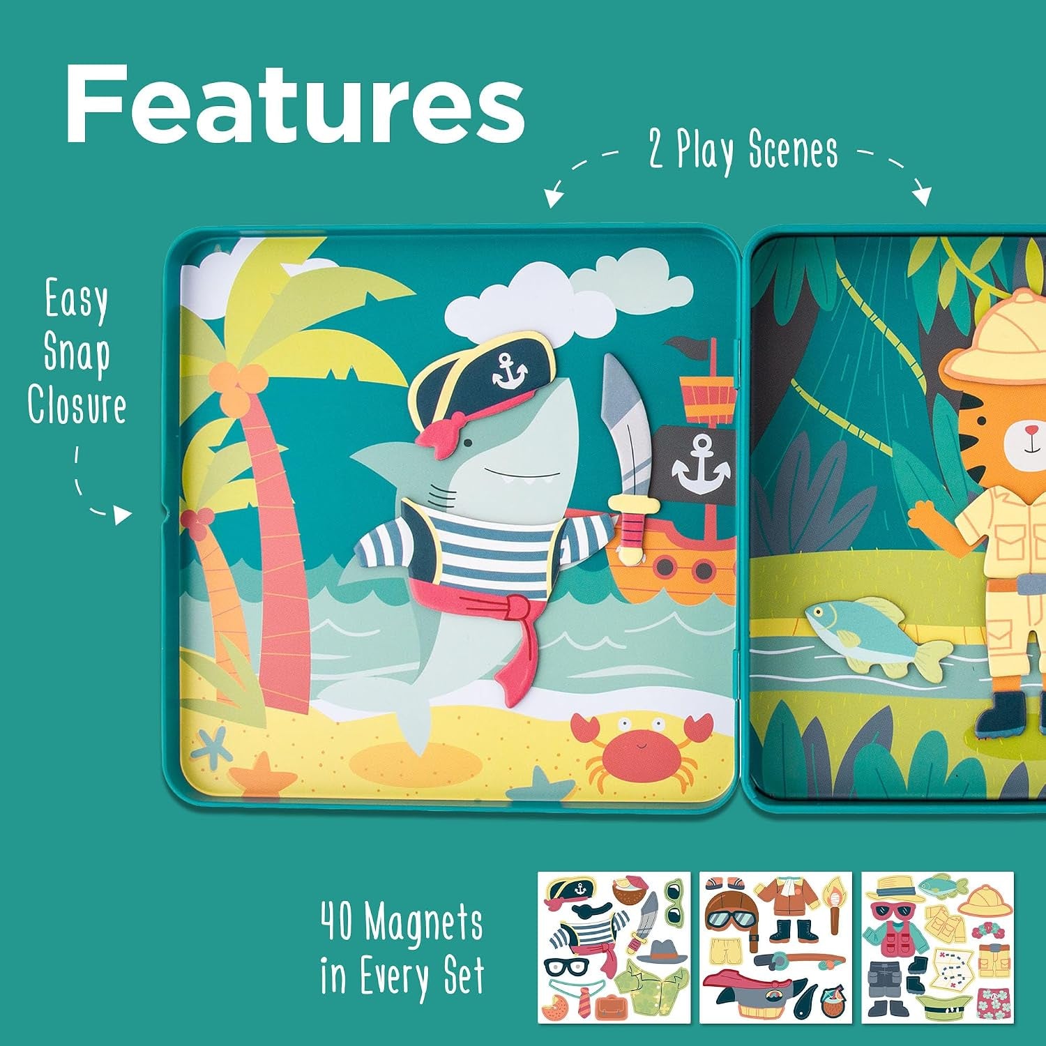, Magnetic Dress up Dolls 40 PC Play Set – Screen-Free Pretend Play Magnetic Case, Ideal for Ages 3+ – Travel Game for Kids, Magnetic on the Go Activity Set, Shark and Tiger